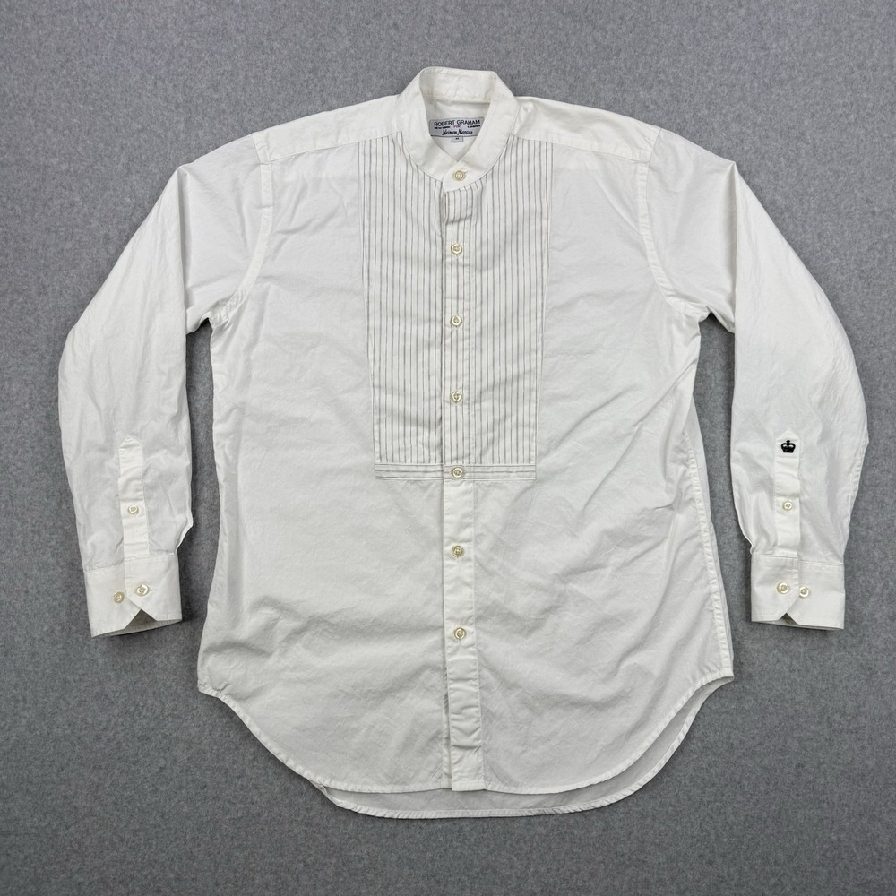 Robert Graham Shirt‎ Mens Medium White Striped Dress Shirt Band Collar Formal